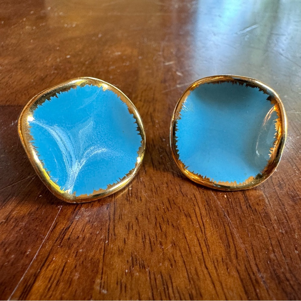 Vintage Porcelain Statement Earrings Blue and Gold MCM Screw Back Clip On